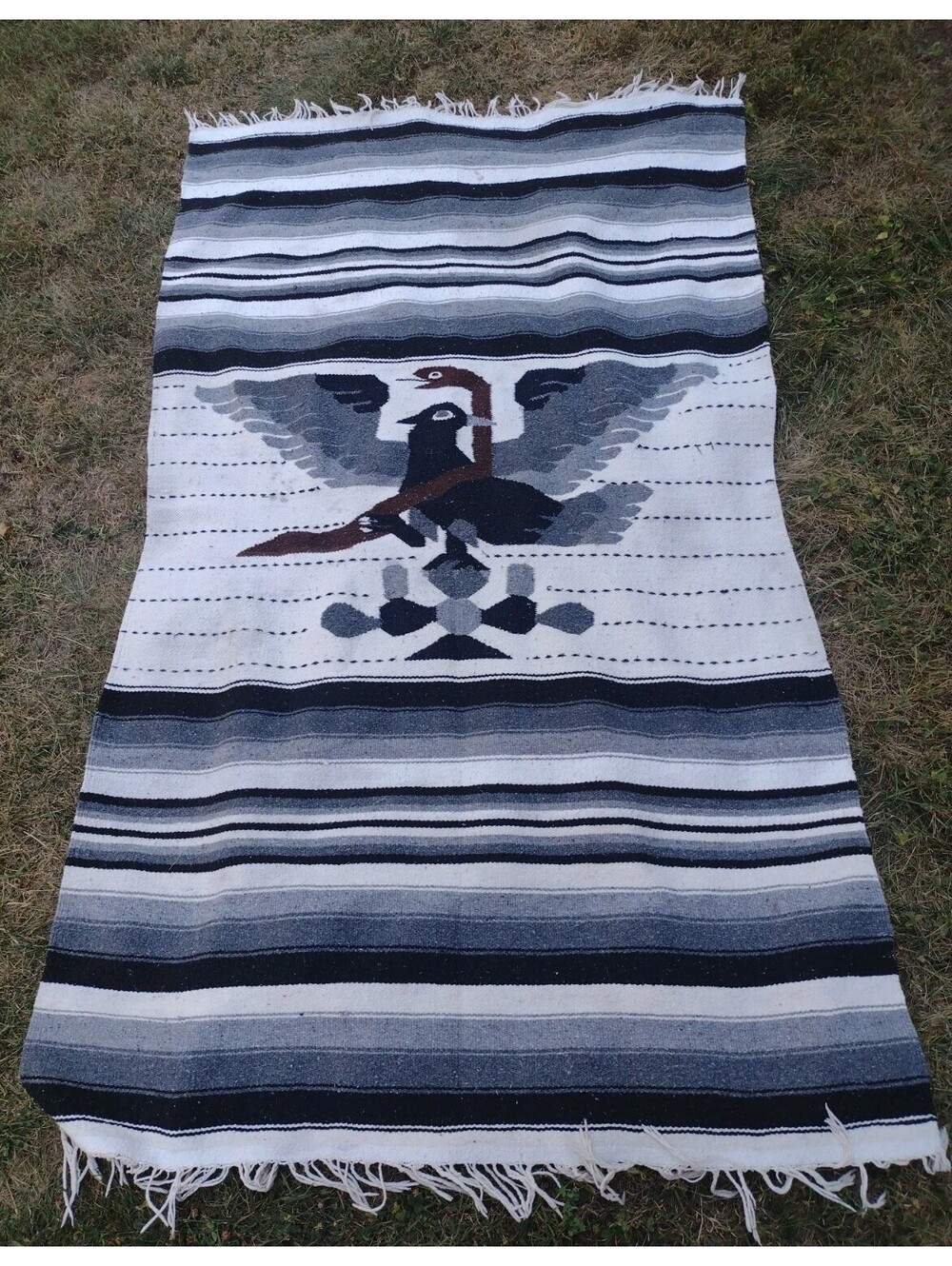 Vintage Mexican Handwoven Wool Blend Blanket Eagle Saltillo Serape Throw 76x42